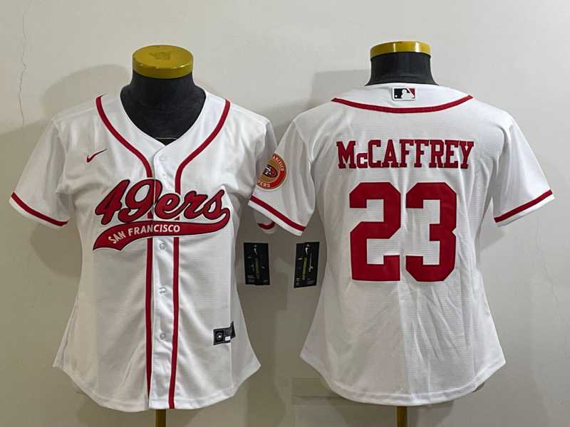 Womens San Francisco 49ers #23 Christian McCaffrey White With Patch Cool Base Stitched Baseball Jersey->women nfl jersey->Women Jersey